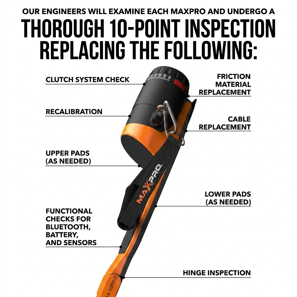 Infographic featuring the MAXPRO portable cable machine on a white background with the headline "Our engineers will examine each MAXPRO and undergo a thorough 10-point inspection replacing the following." Labels point to different parts of the machine: clutch system check, recalibration, upper pads (as needed), and functional checks for Bluetooth, battery, and sensors on the left; friction material replacement, cable replacement, lower pads (as needed), and hinge inspection on the right.