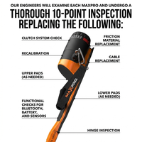 Infographic featuring the MAXPRO portable cable machine on a white background with the headline "Our engineers will examine each MAXPRO and undergo a thorough 10-point inspection replacing the following." Labels point to different parts of the machine: clutch system check, recalibration, upper pads (as needed), and functional checks for Bluetooth, battery, and sensors on the left; friction material replacement, cable replacement, lower pads (as needed), and hinge inspection on the right.