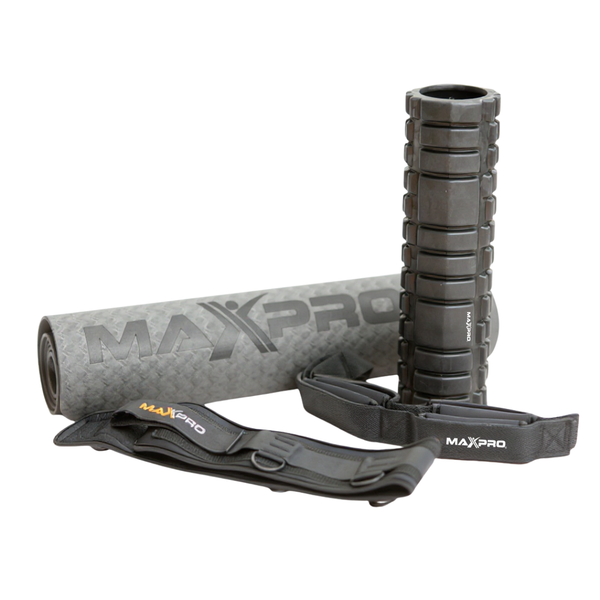 exercise mat, recovery roller, jump belt, and tricep/multi rope against a white background