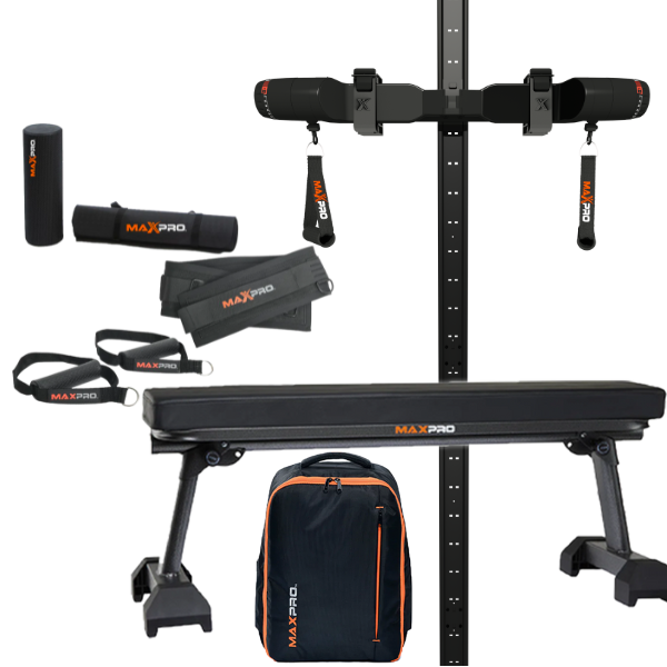 MaxPro fitness equipment bundle, the elite bundle, set including a weight bench, resistance bands, and backpack on a white background.