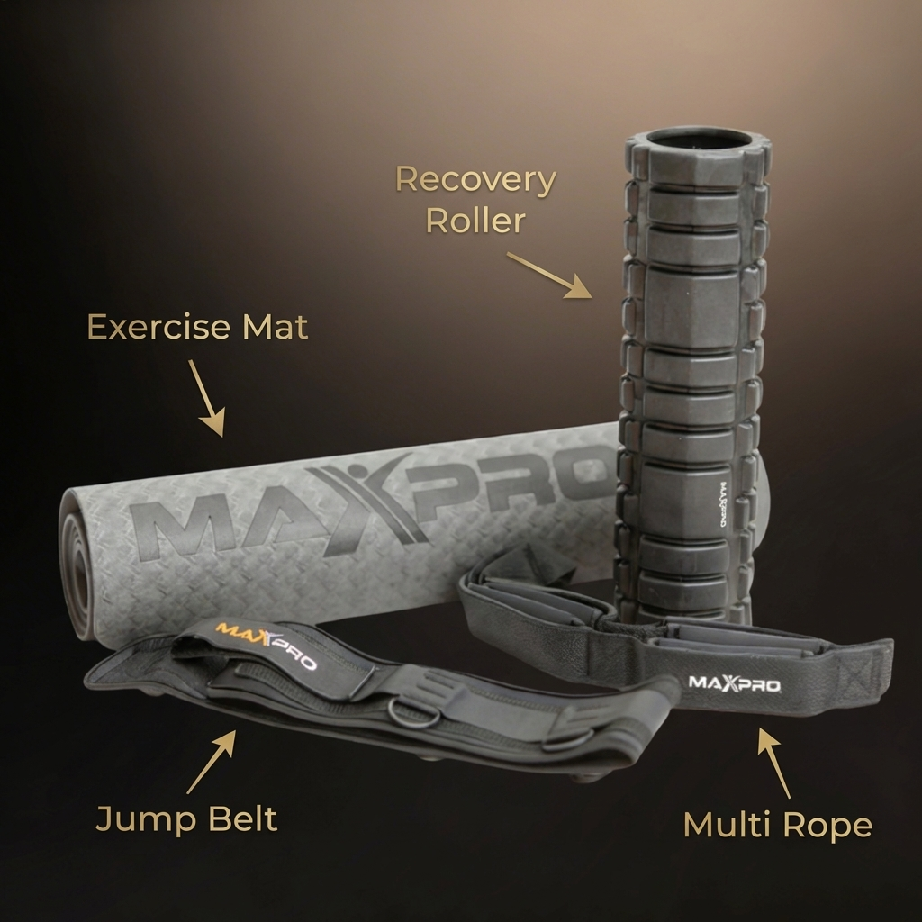 exercise mat, recovery roller, jump belt, and tricep/multi rope against a black background