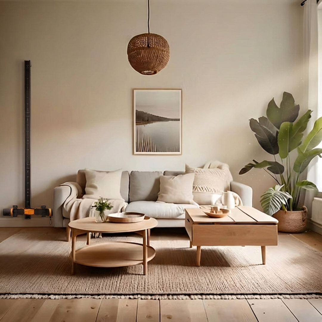 Modern living room with a MAXPRO mounted on the wall with gray sofa, wooden coffee table, and decorative elements showing how the MAXPRO can blend into your space. 