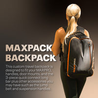 Person wearing a black MAXPRO backpack with promotional text on a gradient background