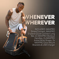 Man opening a MAXPRO workout bag with text highlighting features on a gradient background