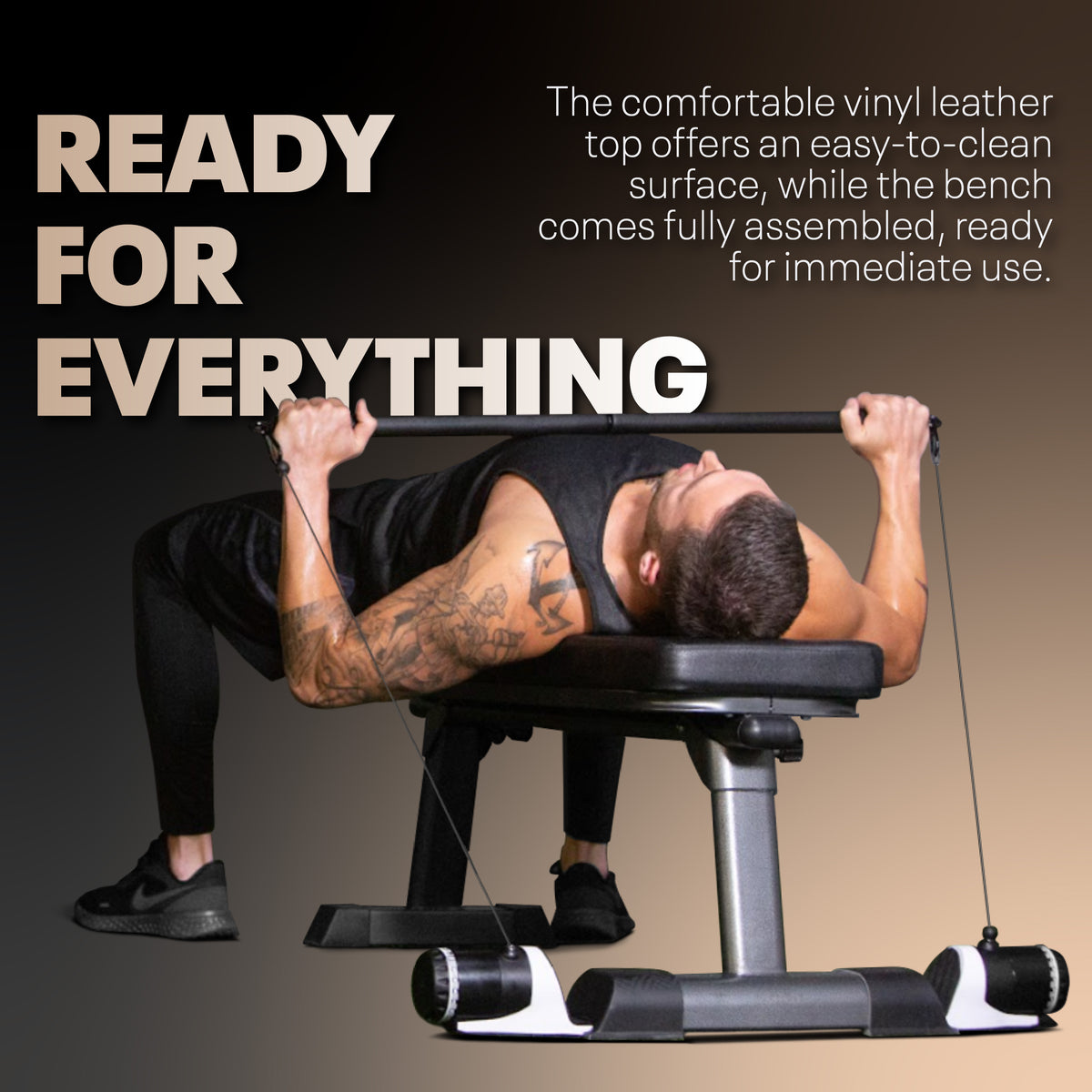 Person using a maxpro on a bench with text about its features