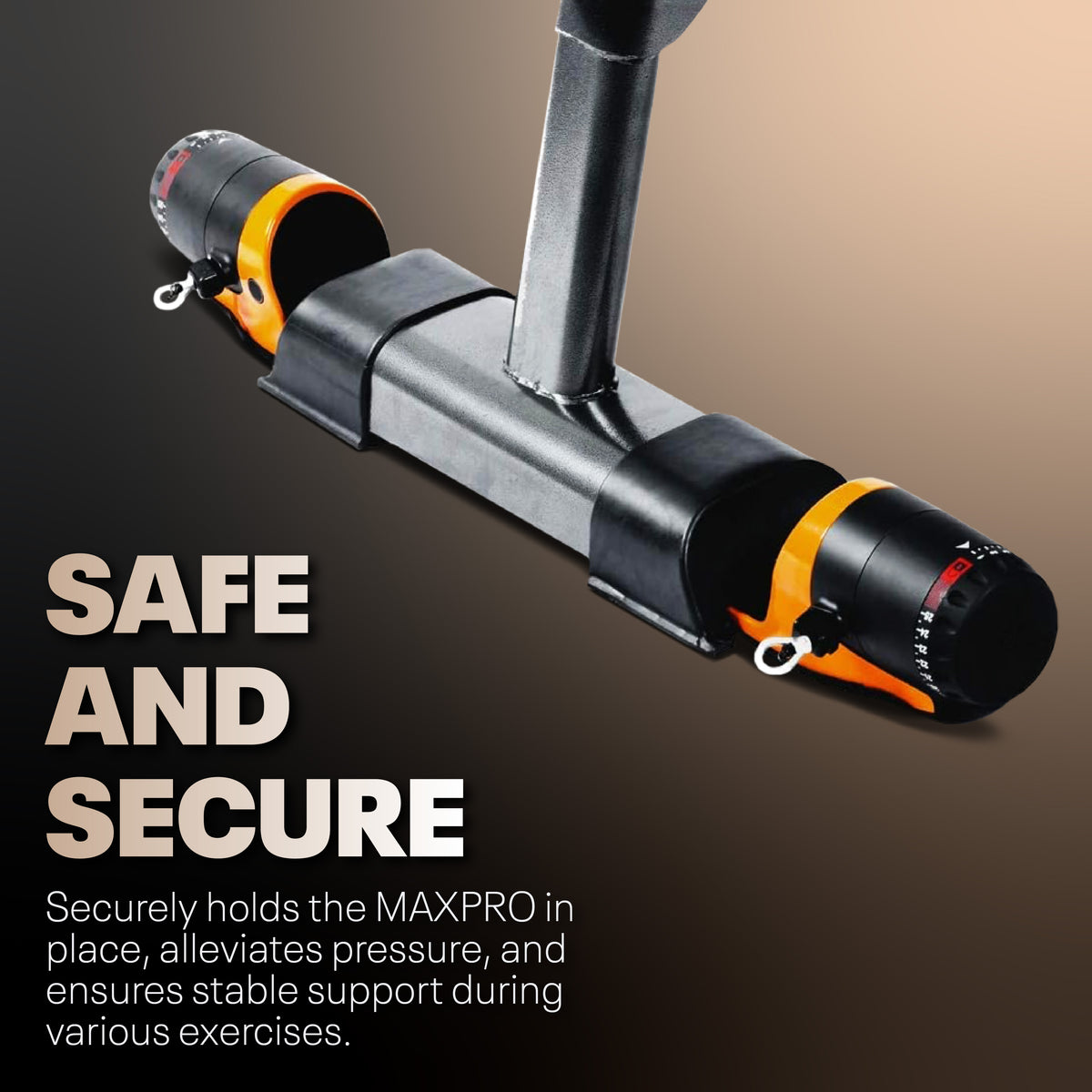 Black and orange maxpro with the bench leg holding the maxpro in place with text 'Safe and Secure' on a gradient background