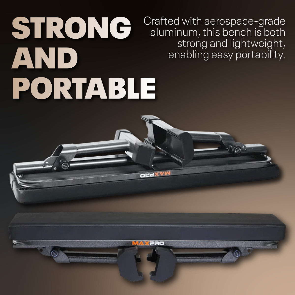MAXPRO portable workbench with aerospace-grade aluminum, shown open and closed on a gradient background.