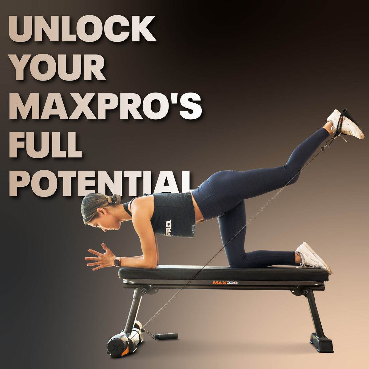 Person using a MAXPRO exercise bench with promotional text on a gradient background