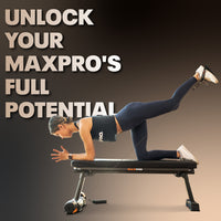 Person using a MAXPRO exercise bench with promotional text on a gradient background