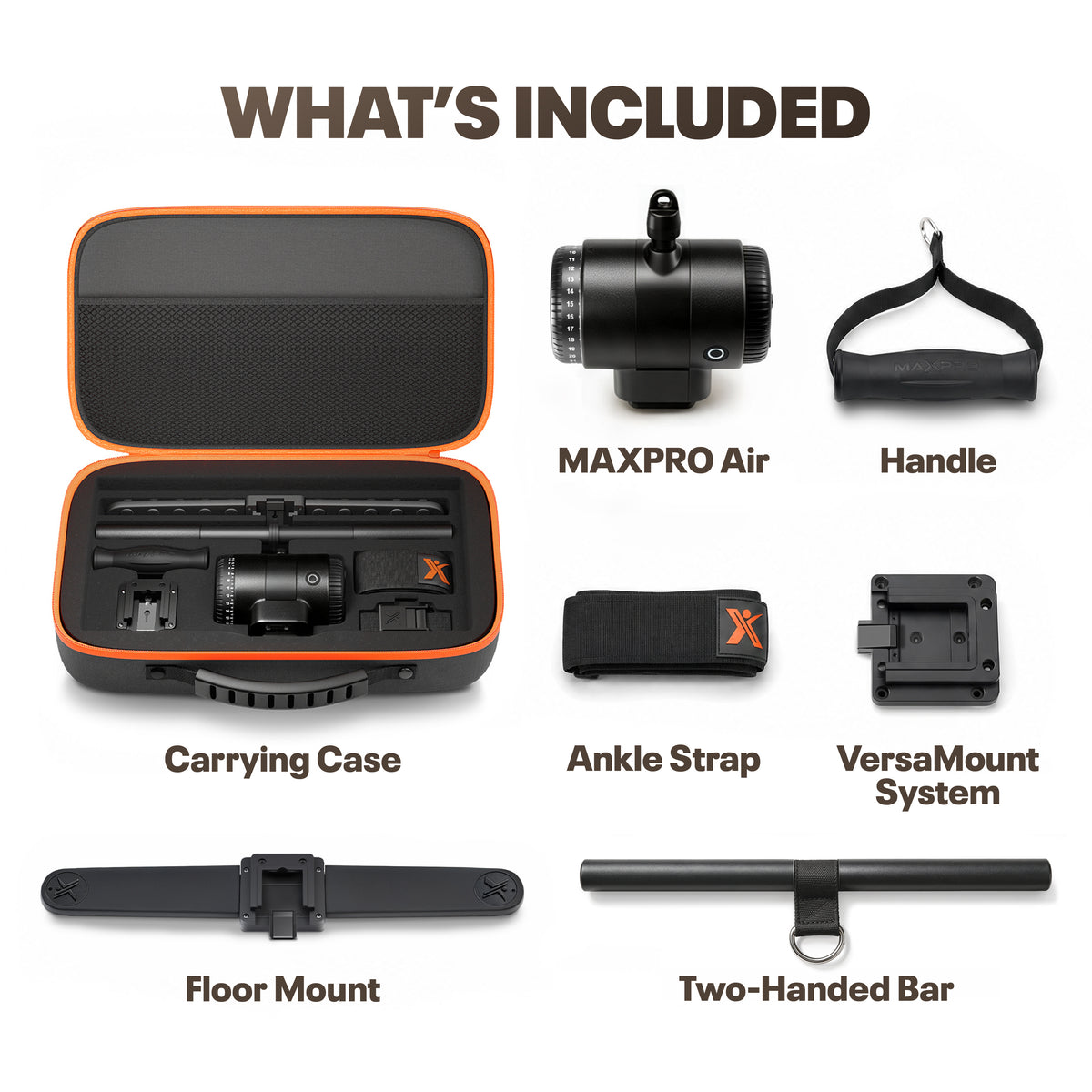 MAXPRO Air kit with carrying case, handle, ankle strap, VersaMount system, floor mount, and two-handed bar.