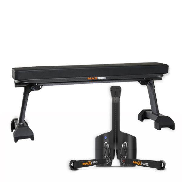 black maxpro folded next to the maxpro bench with a white background