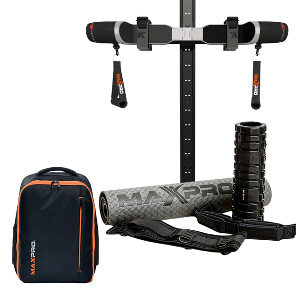 MaxPro fitness equipment including a backpack, roller, straps, and wall track on a white background