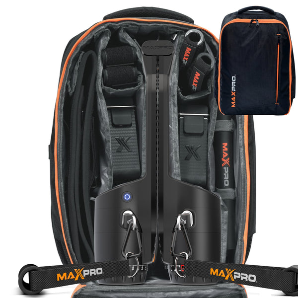black maxpro inside of an opened maxpro travel bag (maxpack)