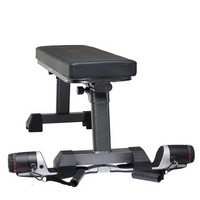 Raw metal maxpro under the maxpro bench with the leg holding the maxpro in place on a white background