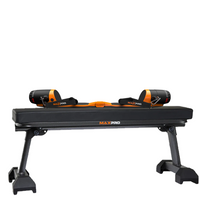 Black and orange MAXPRO workout bench on a white background