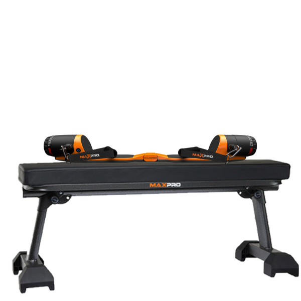 Black and orange MAXPRO workout bench on a white background