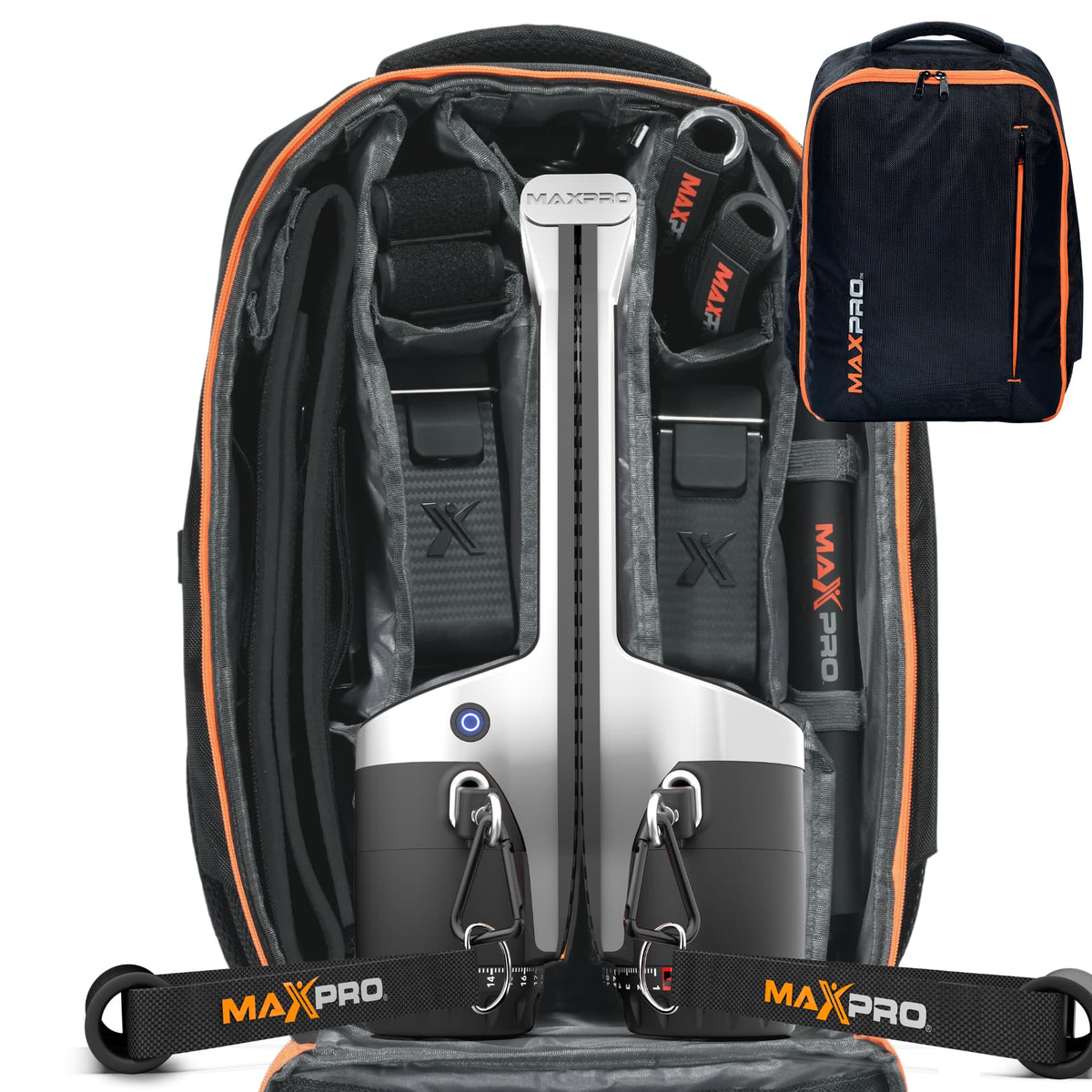raw metal maxpro inside of an opened maxpro travel bag (maxpack)