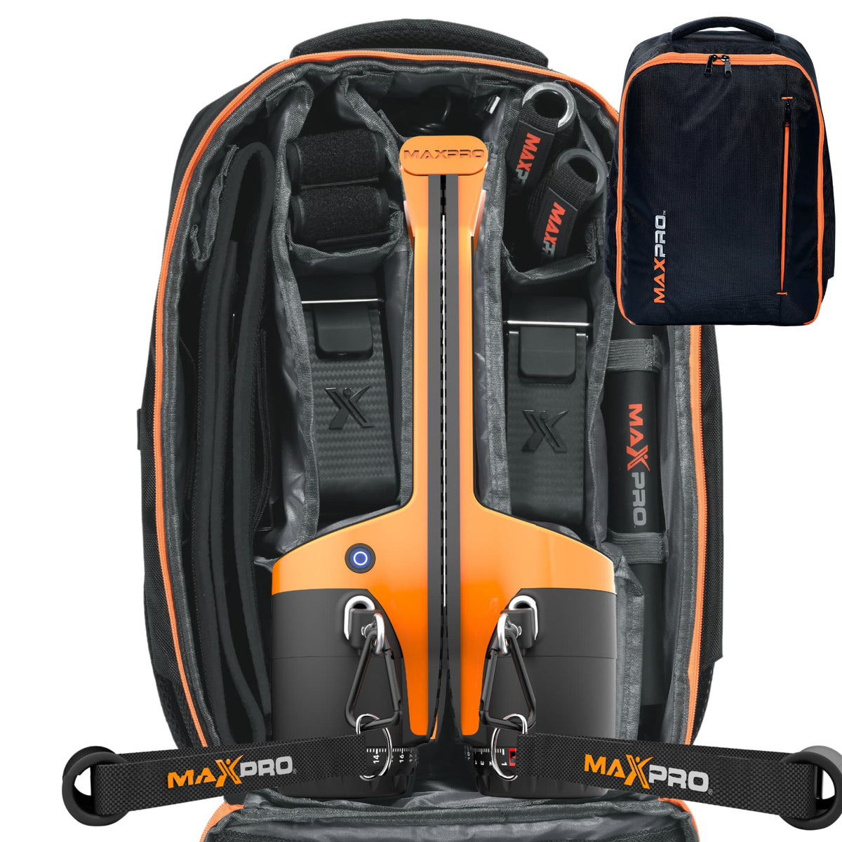 orange maxpro inside of an opened maxpro travel bag (maxpack)