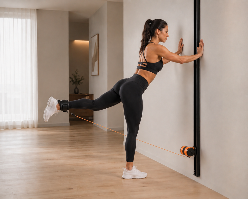 woman doing a kickback with air unit mounted on wall 
