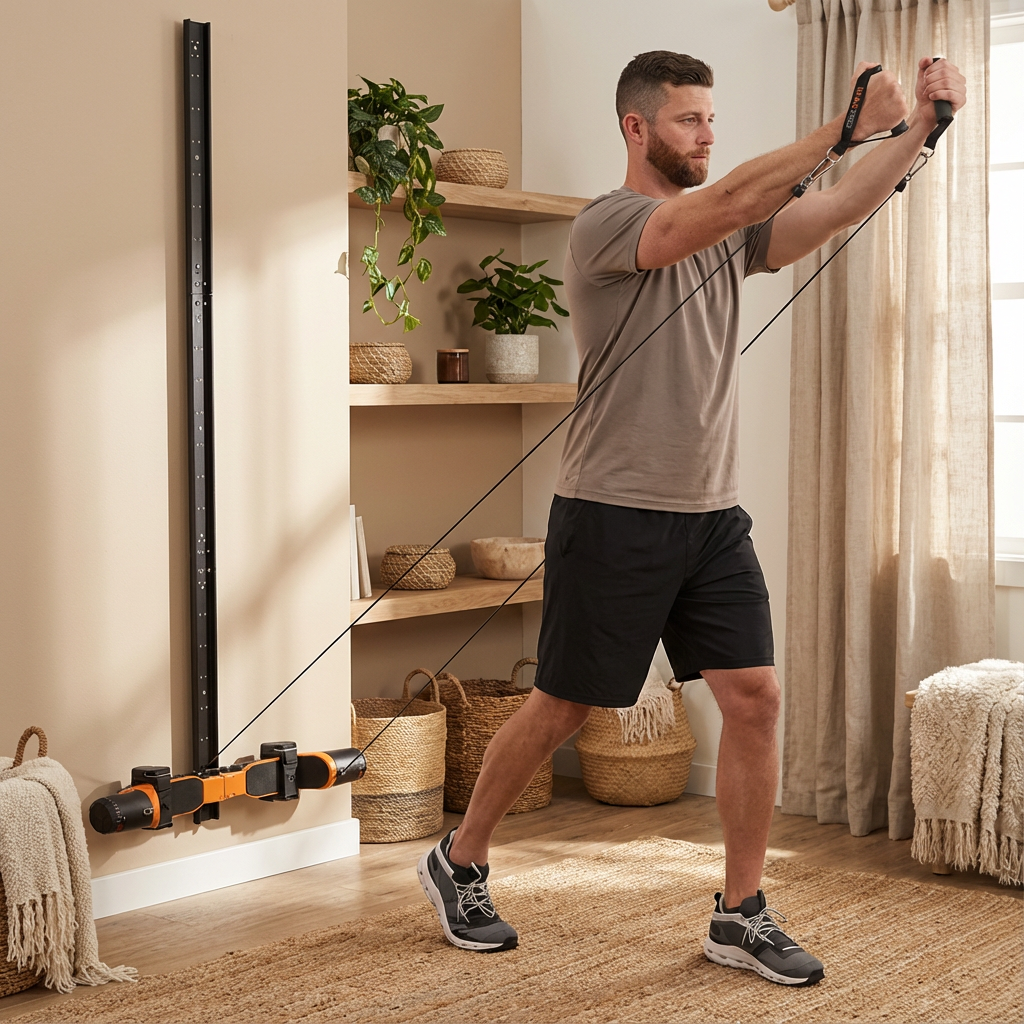 Man exercising with MAXPRO on a wall track in a home setting