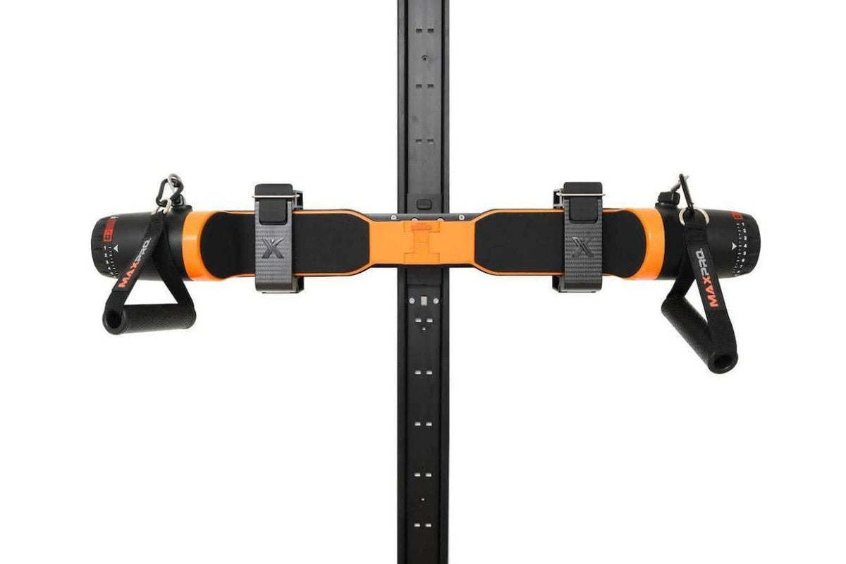 Front view of an orange MAXPRO cable trainer secured to a black SlimLine Wall Track, with two handles attached.