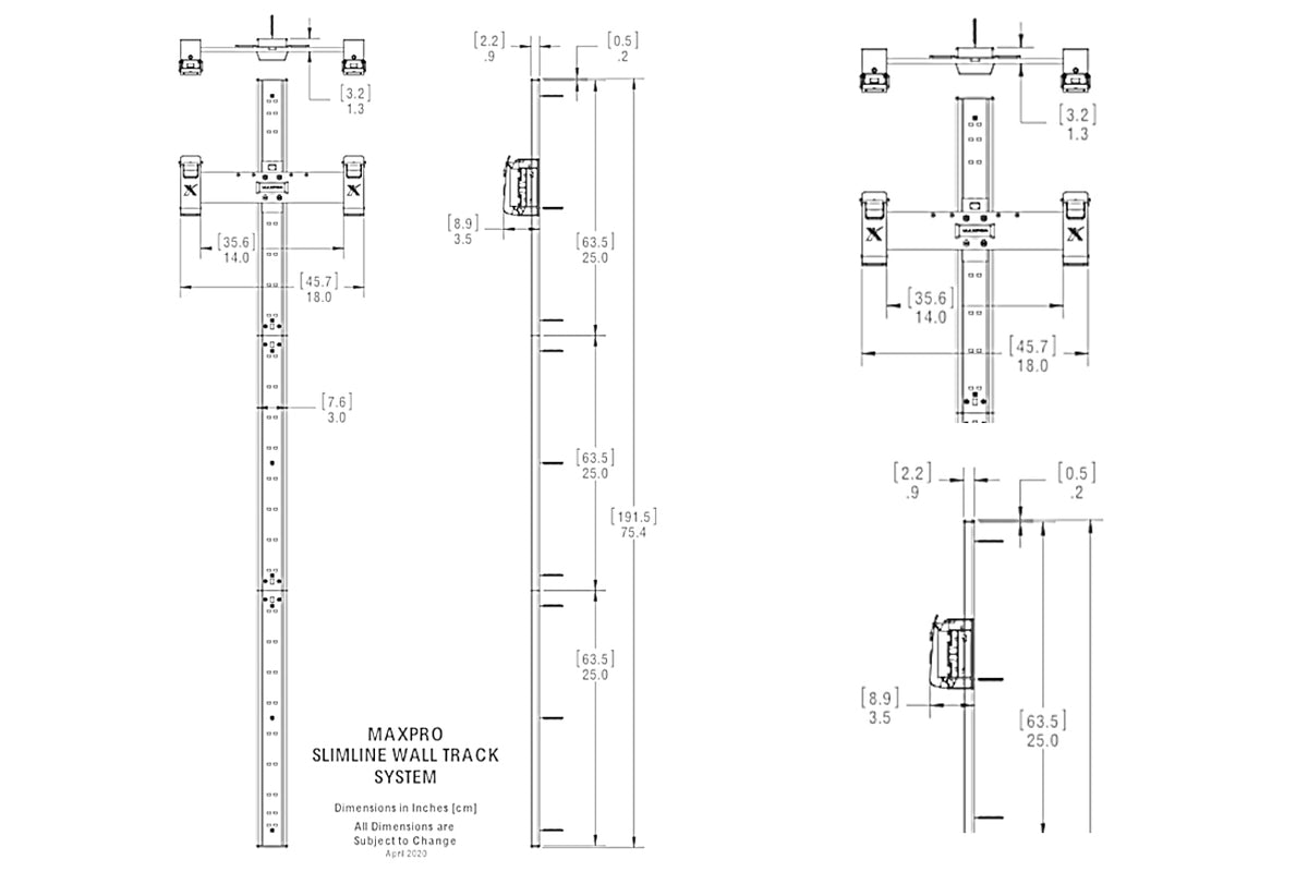 Technical drawing of the MAXPRO SlimLine Wall Track with front and side views, mounting measurements, and overall height of 75.4 inches (191.5 cm).